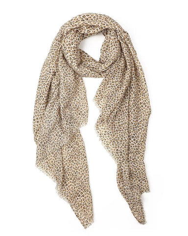 Tan and black classic mini leopard print lightweight scarf with frayed edges