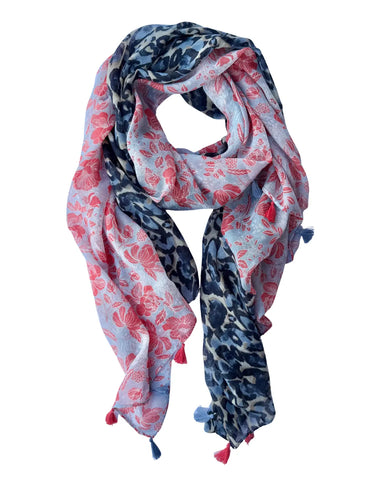 Lightweight scarf split into two prints, a navy and blue animal print on one half and a coral floral on soft blue on the other, with light blue and coral tassels