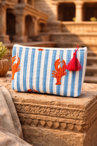 Lobster Stripe Pouch – Cotton Travel & Makeup Bag
