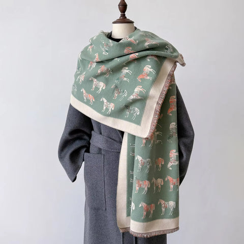 Reversible Equestrian Horse Winter Scarf – Green/Cream