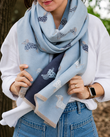 PRE SALE ARRIVING 12 JUNE Reversible Dachshund Print Winter Scarf – Blues
