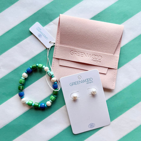 $25 Enamel Freshwater Pearl Bracelet and Earrings - Green/Blue Combo