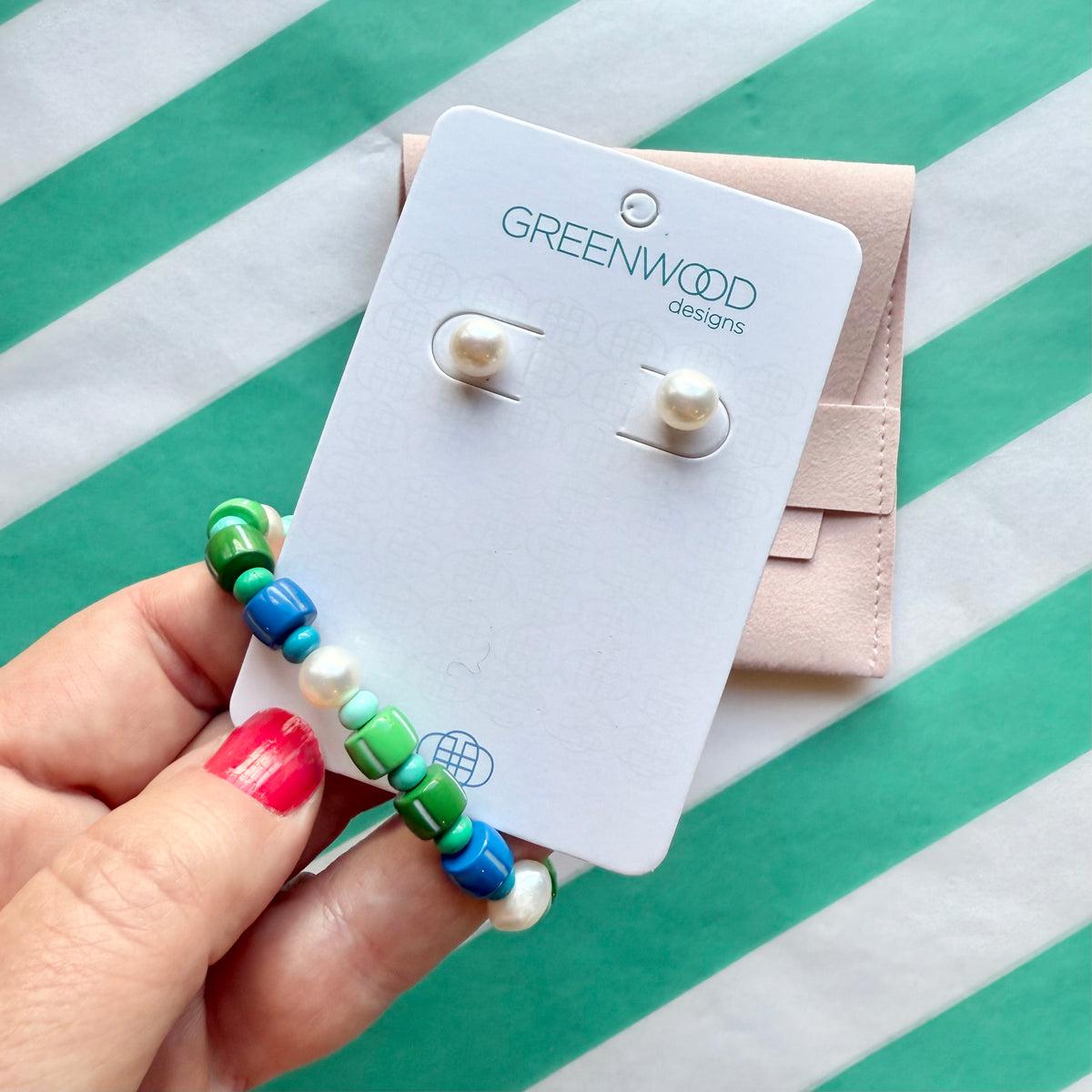 $25 Enamel Freshwater Pearl Bracelet and Earrings - Green/Blue Combo