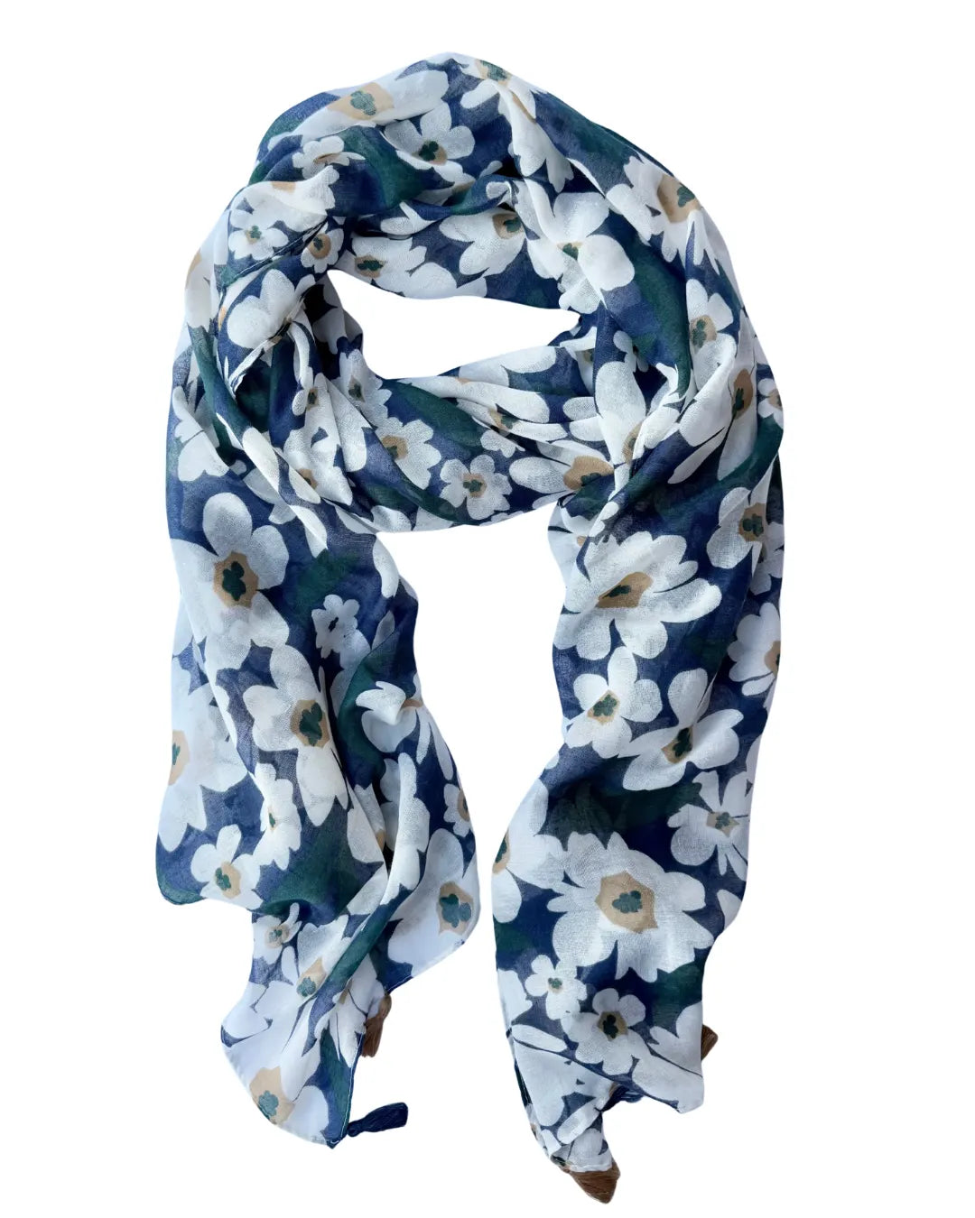 Lightweight navy scarf with large white and tan daisy-style flowers and green leaves, finished with navy and tan tassels