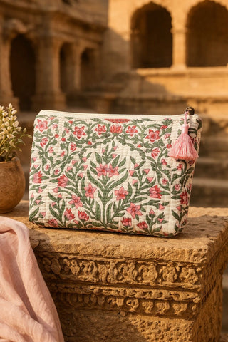 Wildflowers White Base Pouch – Cotton Travel & Makeup Bag