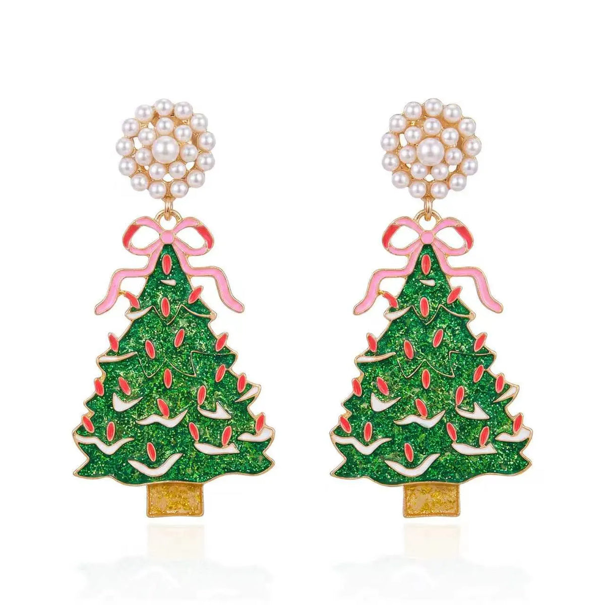 Christmas Tree Earring in Green & Pink with Faux Pearls