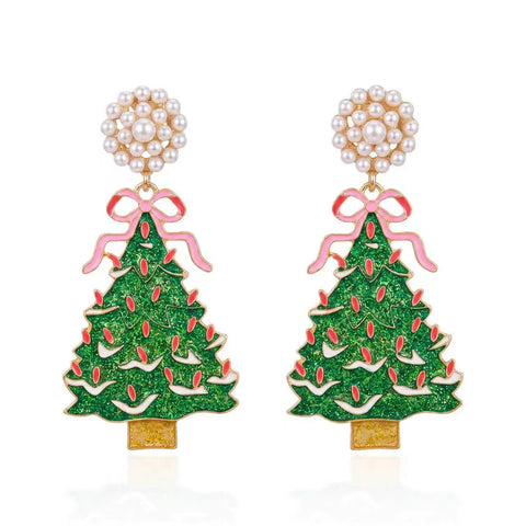 Christmas Tree Earring in Green & Pink with Faux Pearls