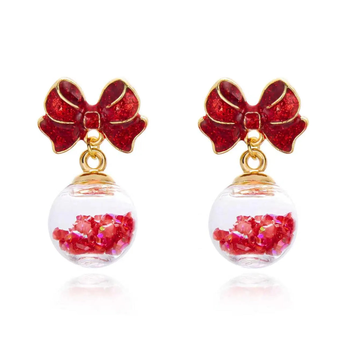 Bow & Confetti Filled Bauble Christmas Earring in Red & Gold