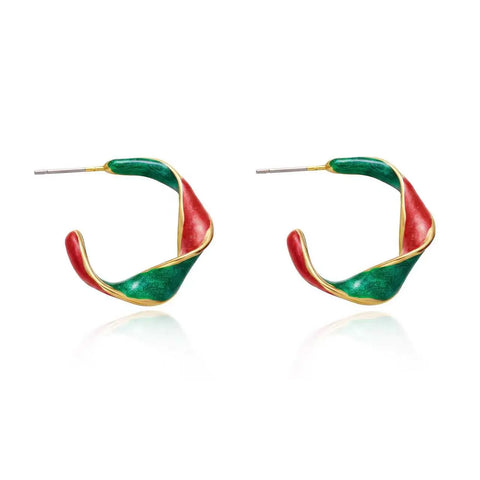 Enamel Twisted Hoop Christmas Earring in Red & Green