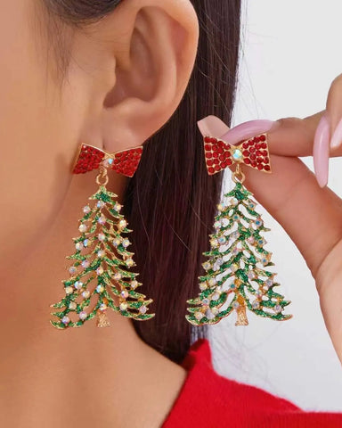 Christmas Tree Earring with Bow in Green & Red