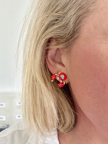 Red Enamel Crab Shaped Earrings with Crystals