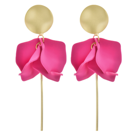 Olivia Matte Gold and Hot Pink Flower Petal Dangle Earrings with Gold Post Dangle