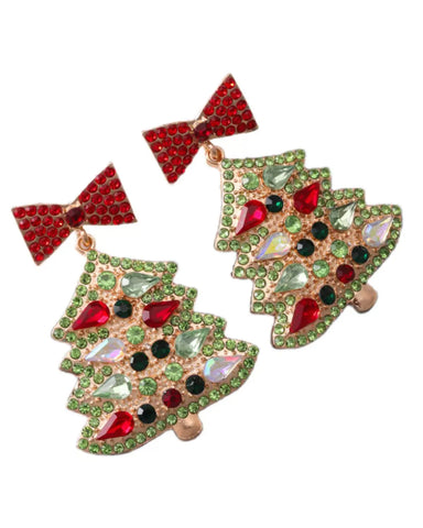 Gem-set Christmas Tree Christmas Earring in Red, Gold & Green