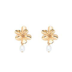 Gold Flower Freshwater Pearl Earrings