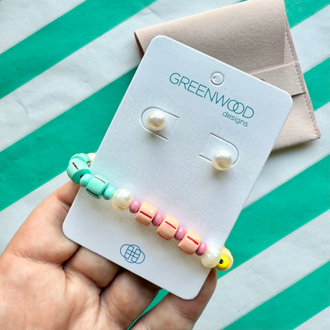 $25 Enamel Freshwater Pearl Bracelet and Earrings - Pastel Pop