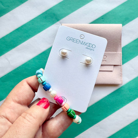 $25 Enamel Freshwater Pearl Bracelet and Earrings - Rainbow