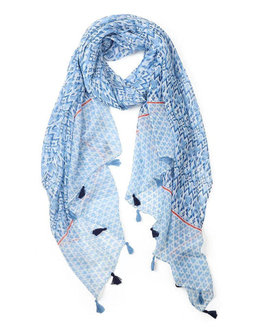 Blue ikat print and heart print lightweight scarf with red stripe and tassels