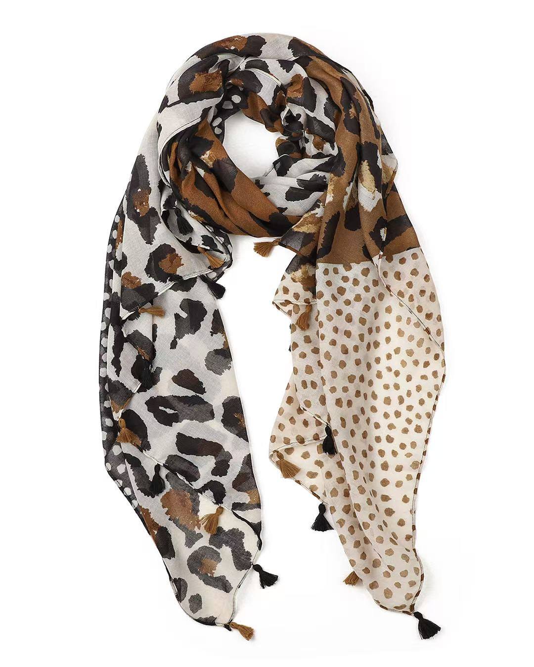 Tan, brown, and black leopard and polka dot print lightweight scarf with tassels
