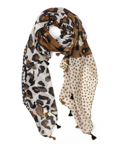 Tan, brown, and black leopard and polka dot print lightweight scarf with tassels