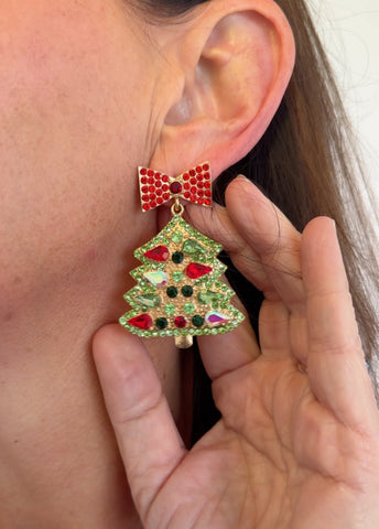 Gem-set Christmas Tree Christmas Earring in Red, Gold & Green
