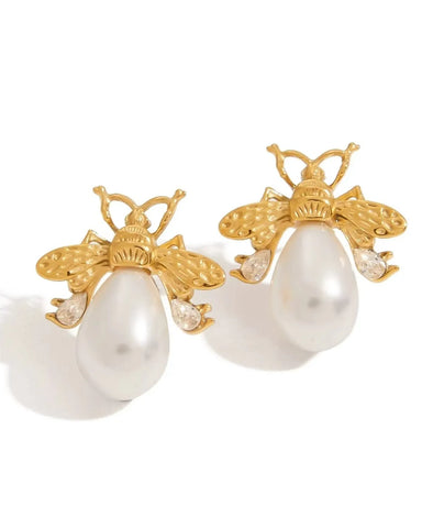 Queenie Bee Earring Stud With Faux Pearl Body