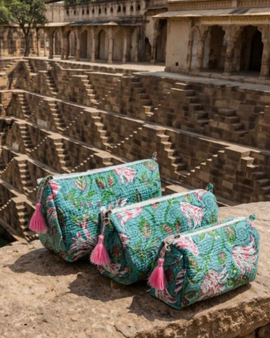 Aqua Floral Toiletry Bags – Cotton Travel Organiser