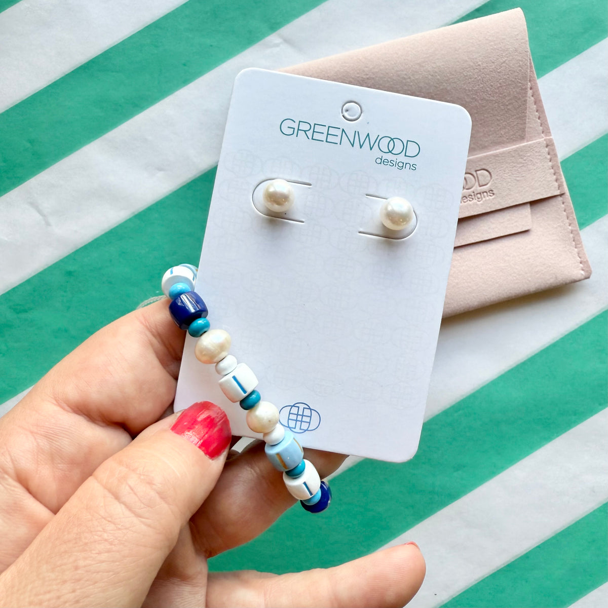 $25 Enamel Freshwater Pearl Bracelet and Earrings - Blue Combo