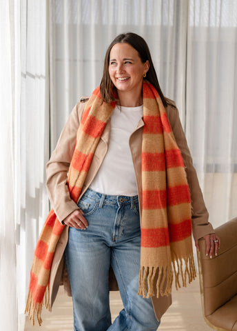 Striped Winter Scarf in Tan & Red