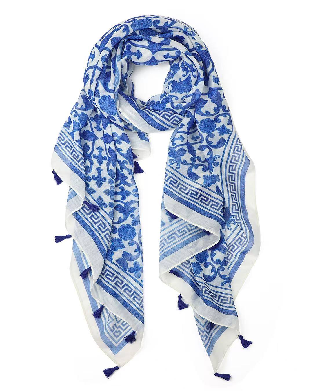 Blue and white damask print lightweight scarf with Greek key border and navy tassels