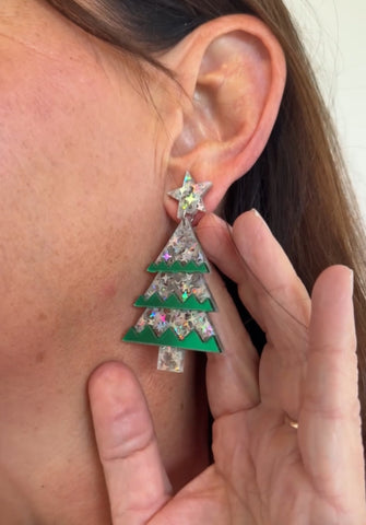 Resin Christmas Tree Christmas Earring in Green & Silver