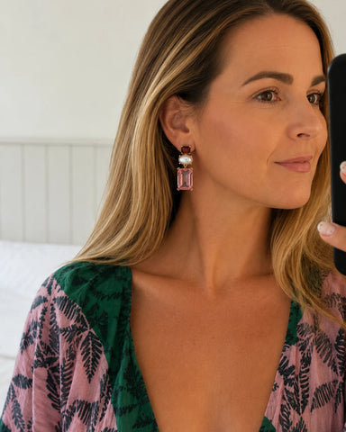 Matilda Geometric Crystal and Faux Pearl Earrings in Pink and Maroon