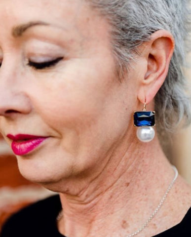 Maggie Navy Rectangular Crystal with Faux Pearl Earrings