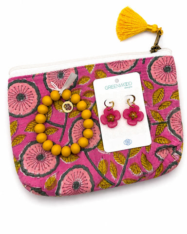 Pink and yellow floral travel pouch gift set with earrings and bracelet – birthday or thank you gift by Greenwood Designs