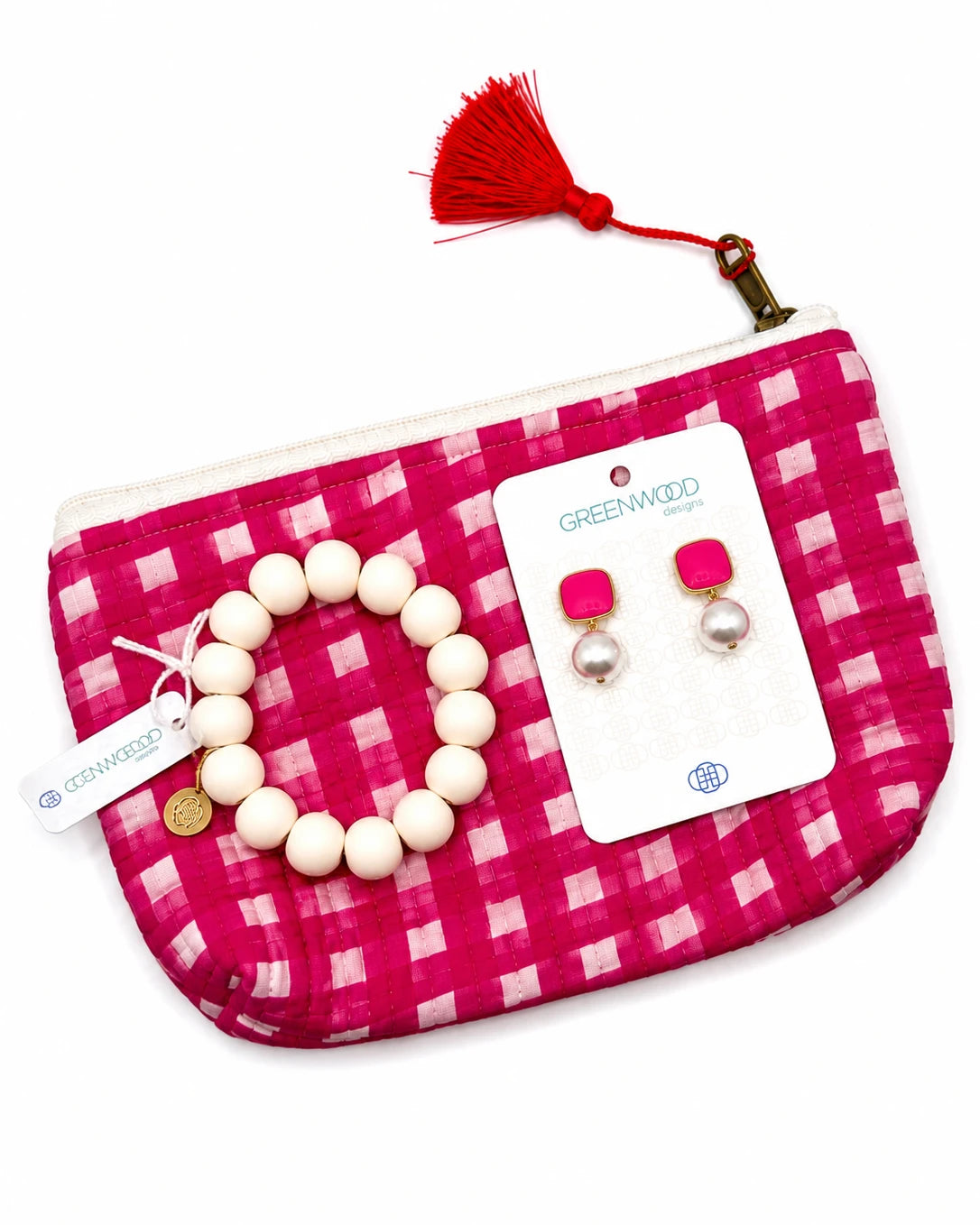 Pink and white gingham travel pouch gift set with earrings and bracelet – birthday or thank you gift by Greenwood Designs