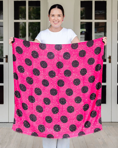 hot pink scarf, autumn scarf, winter scarf, bold scarf, bold spot scarf, gold accents