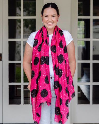 hot pink scarf, autumn scarf, winter scarf, bold scarf, bold spot scarf, gold accents