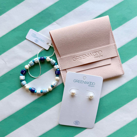 $25 Enamel Freshwater Pearl Bracelet and Earrings - Blue Combo