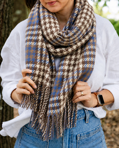 Houndstooth in Blue/Brown Scarf – Classic Check Winter Scarf