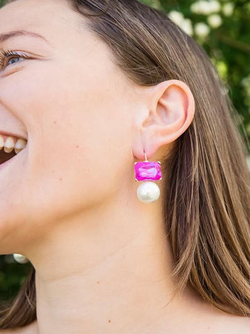 Maggie Bright Pink Rectangular Crystal with Faux Pearl Earrings