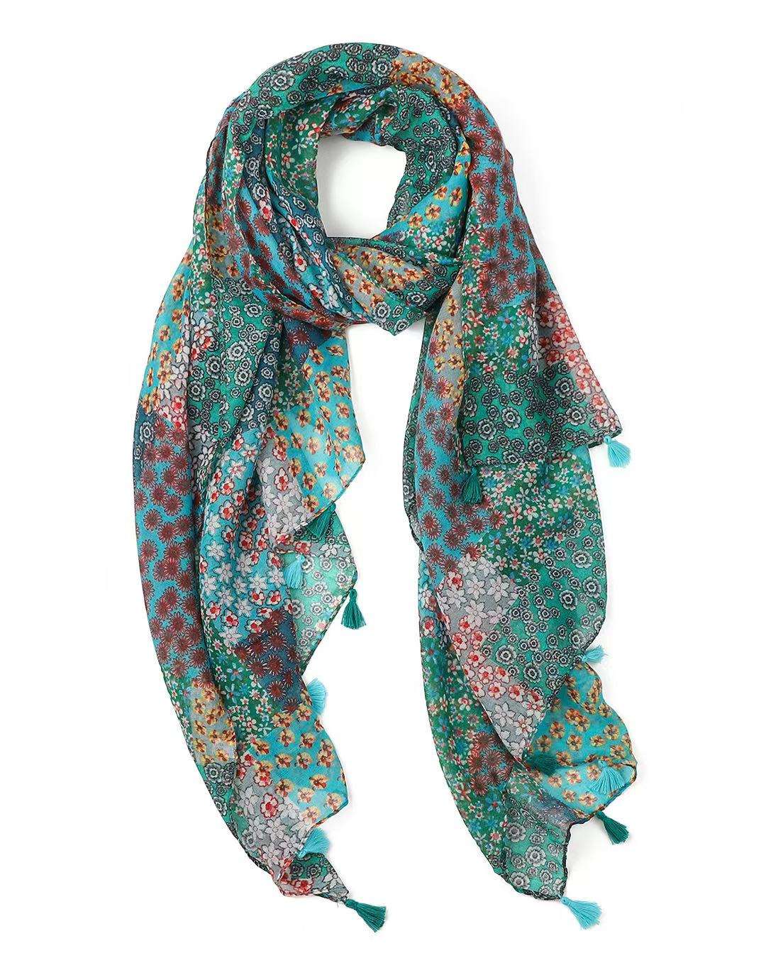 Turquoise, green, red, and mustard bohemian patchwork lightweight scarf with teal tassels