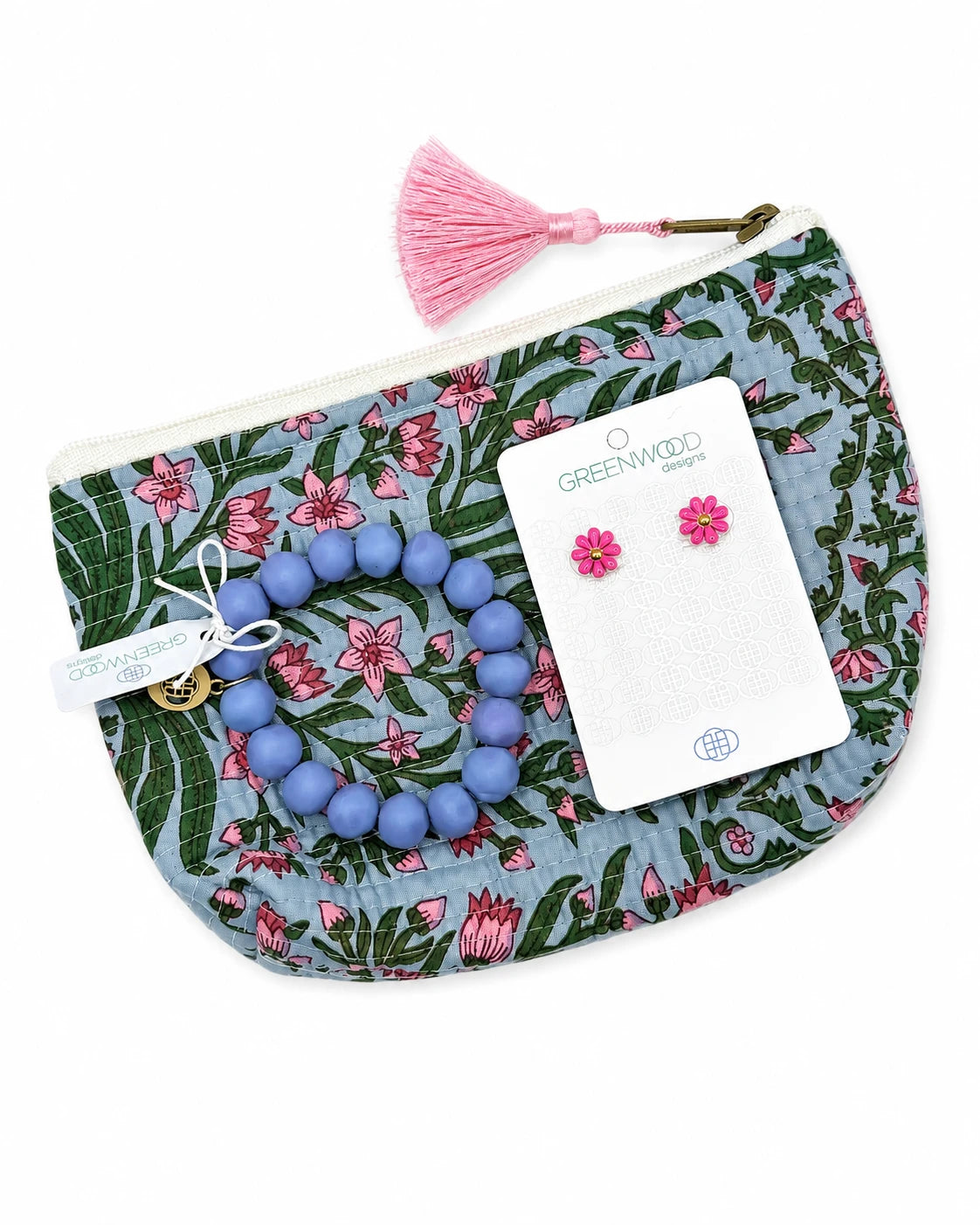 Pink and blue wildflower travel pouch gift set with earrings and bracelet – birthday or thank you gift by Greenwood Designs