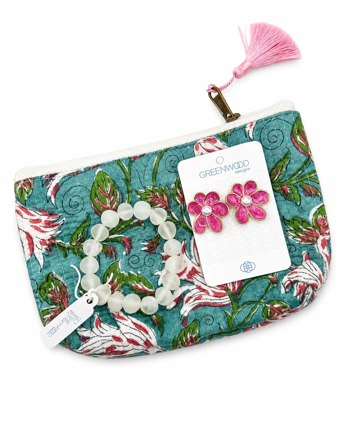 Pink and white floral travel pouch gift set with earrings and bracelet – birthday or thank you gift by Greenwood Designs