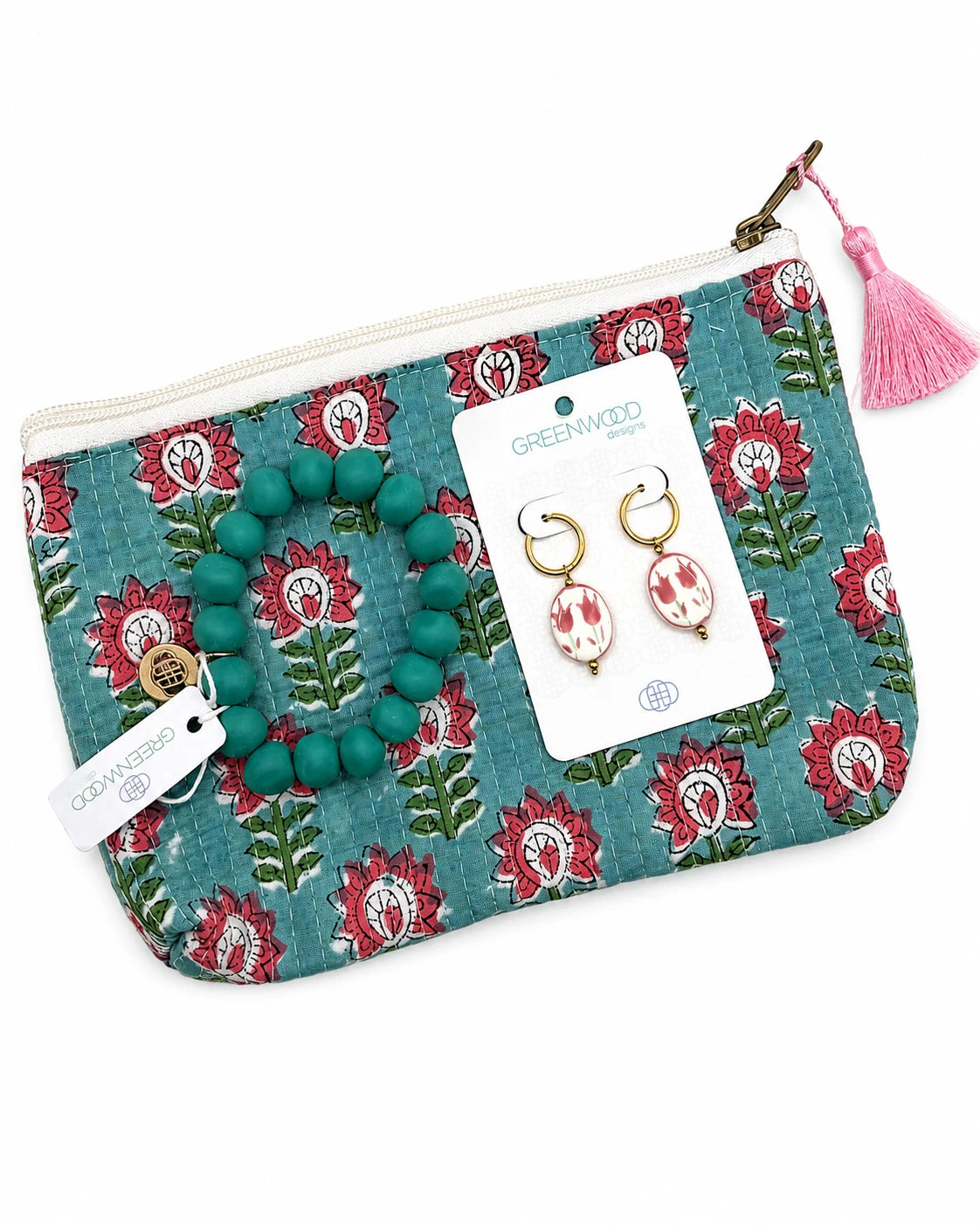 Aqua and pink floral travel pouch gift set with earrings and bracelet – birthday or thank you gift by Greenwood Designs