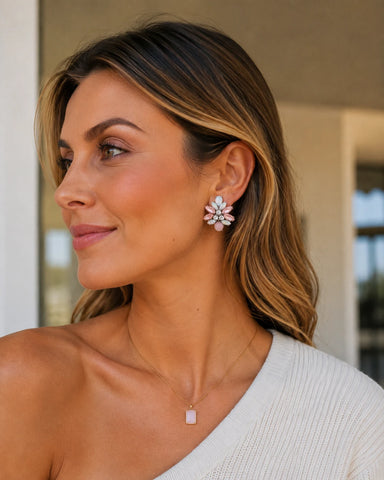 Peta soft pink crystal cluster flower stud earrings featuring blush, opal, and iridescent crystal detail by Greenwood Designs, shown on white background