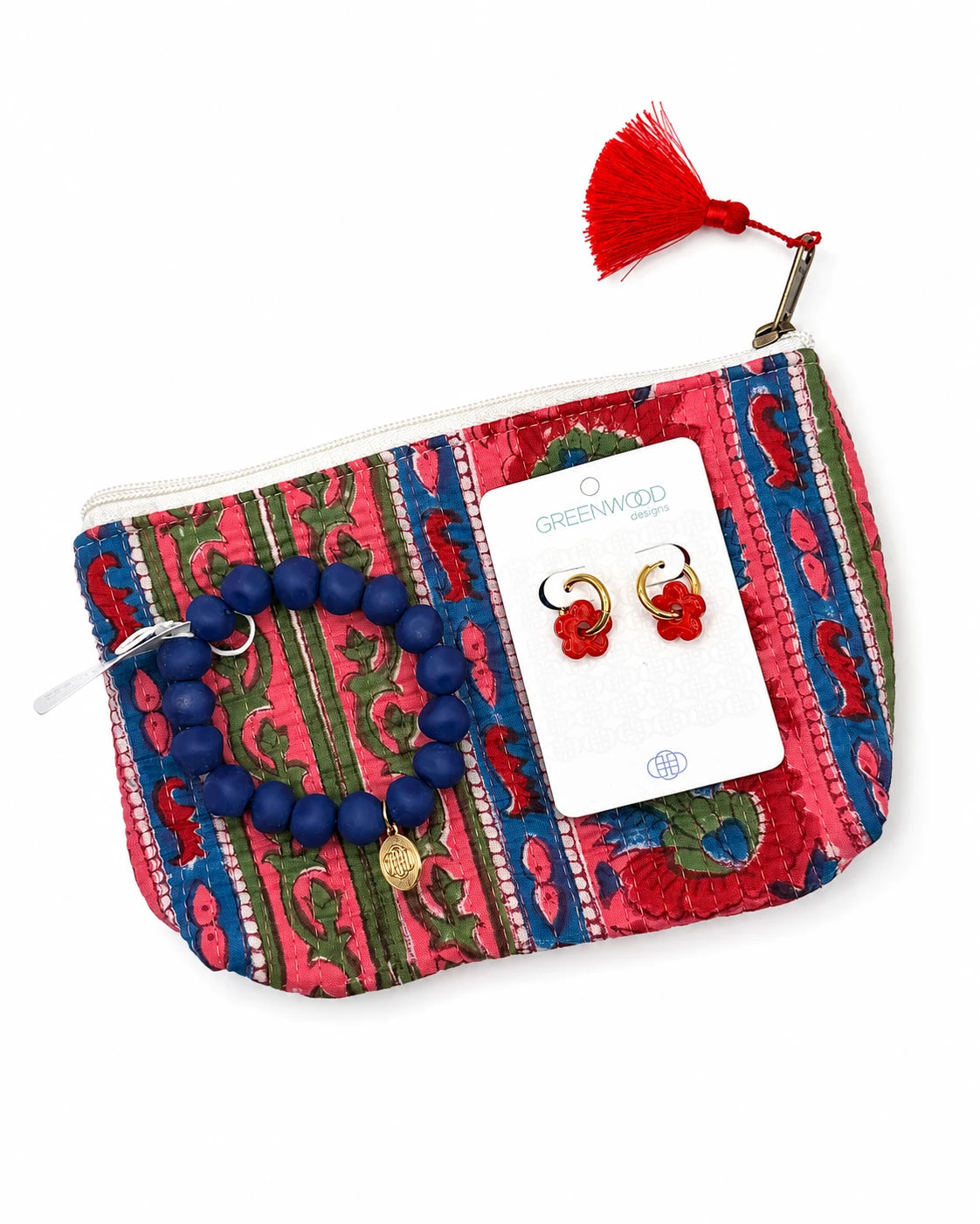 Red and blue floral travel pouch gift set with earrings and bracelet – birthday or thank you gift by Greenwood Designs