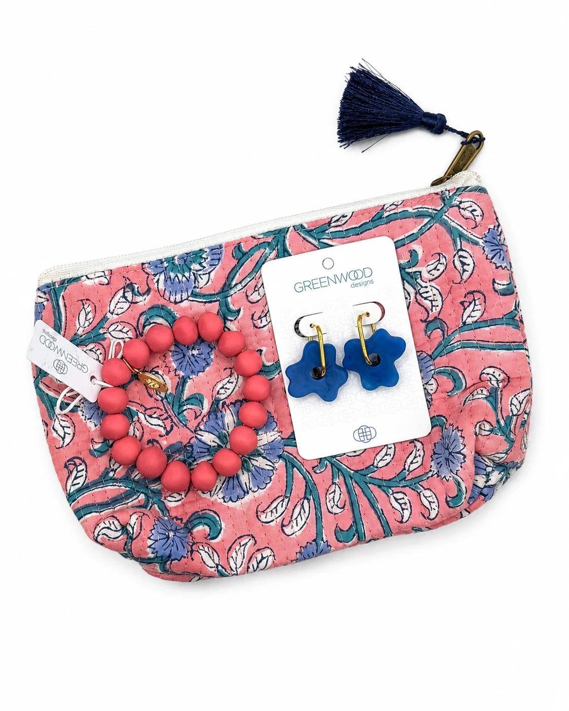 Pink and blue floral travel pouch gift set with earrings and bracelet – birthday or thank you gift by Greenwood Designs
