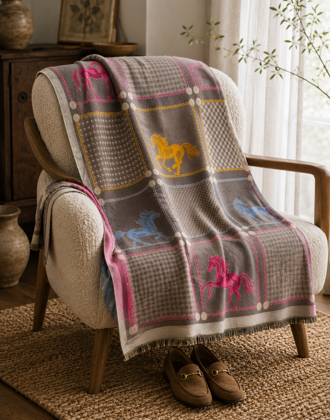 Plaid blanket with horse patterns draped over a chair in a cozy room.