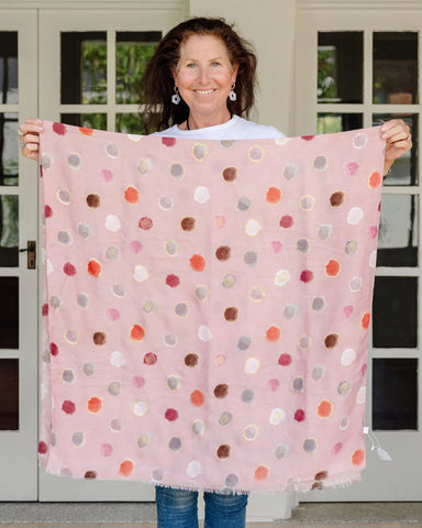 light pink scarf, autumn scarf, winter scarf, bold scarf, spot scarf, gold accents, watercolour scarf