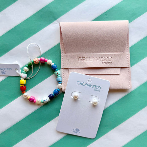 $25 Enamel Freshwater Pearl Bracelet and Earrings - Rainbow