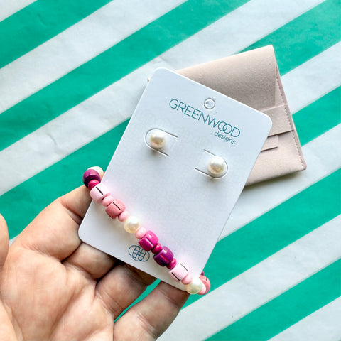 $25 Colourful Enamel Freshwater Pearl Bracelet and Earrings - Pink Combo